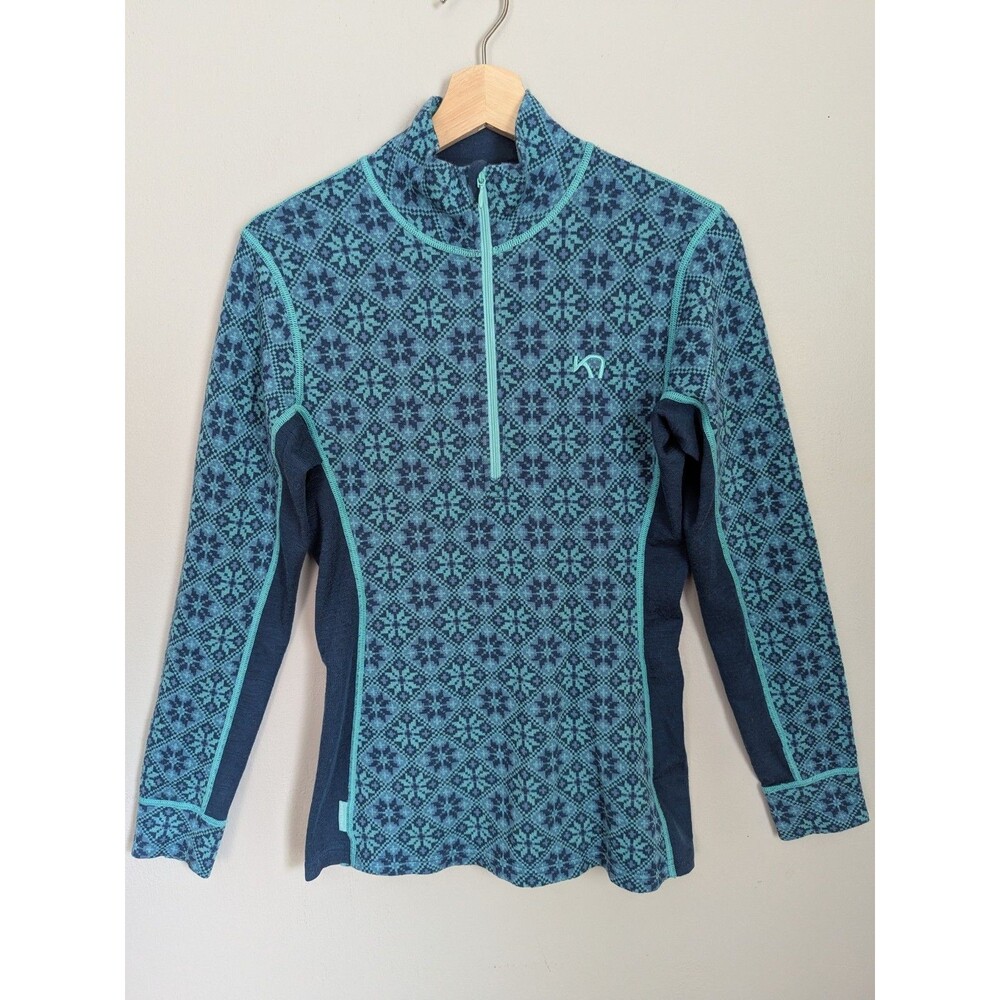 Kari Traa 100% Merino Wool Rose Half Zip Top Womens L Turquoise Blue Ski Layer